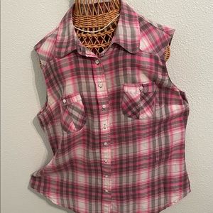 Pink and gray button down sleeveless shirt by A R I Z O N A  SZ. XL